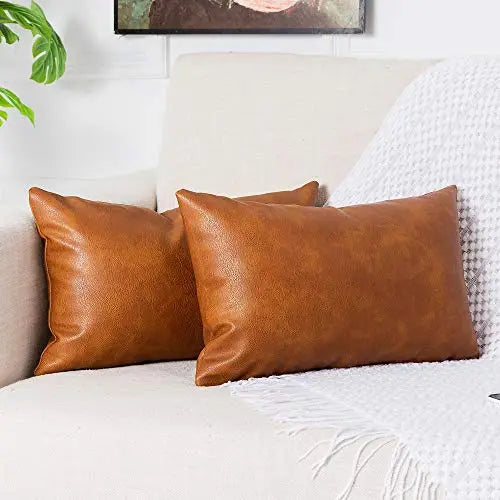 Homfiner Faux Leather Throw Pillow Covers, 18 x 18 inch Set of 2 Thick Cognac Brown Modern Solid Decorative Square Bedroom