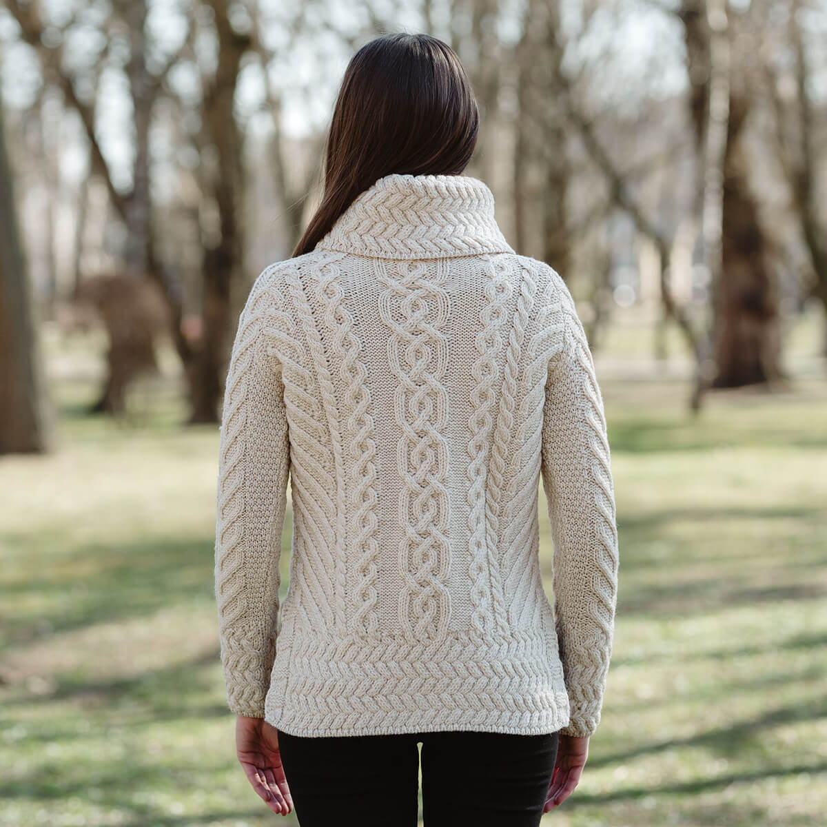 Traditional Ladies Funnel Neck Aran Sweater | Tara Irish Clothing