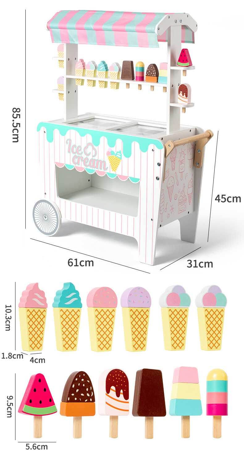 Wooden Ice Cream Cart for Kids, Pretend Play Food Trunk Toy w/ Display Rack & Simulation Frozen Compartment, 2 Large Wheels, Cute Ice Cream Toy Set for Boys Girls 3+ | Shinymarch