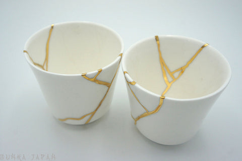 Kintsugi Ceramic Tea Cups In White