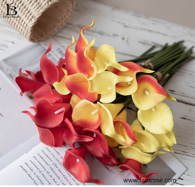 WEDDING BOUQUET SILK FLOWER LATEX REAL TOUCH CALLA LILY ORANGE YELLOW ARTIFICIAL 