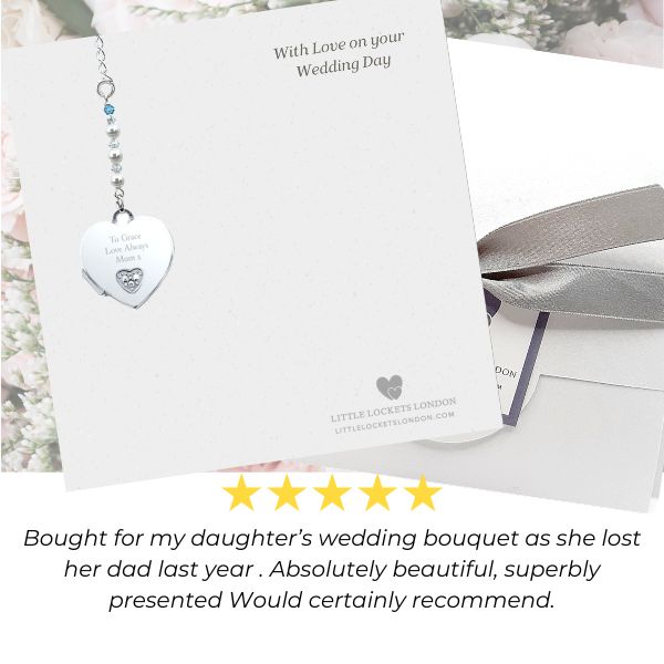 wedding bouquet charm with engraved heart locket and five star review