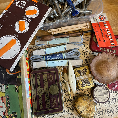 Picture of a jumble of vintage items found in Hastings and Nottinghamshire.