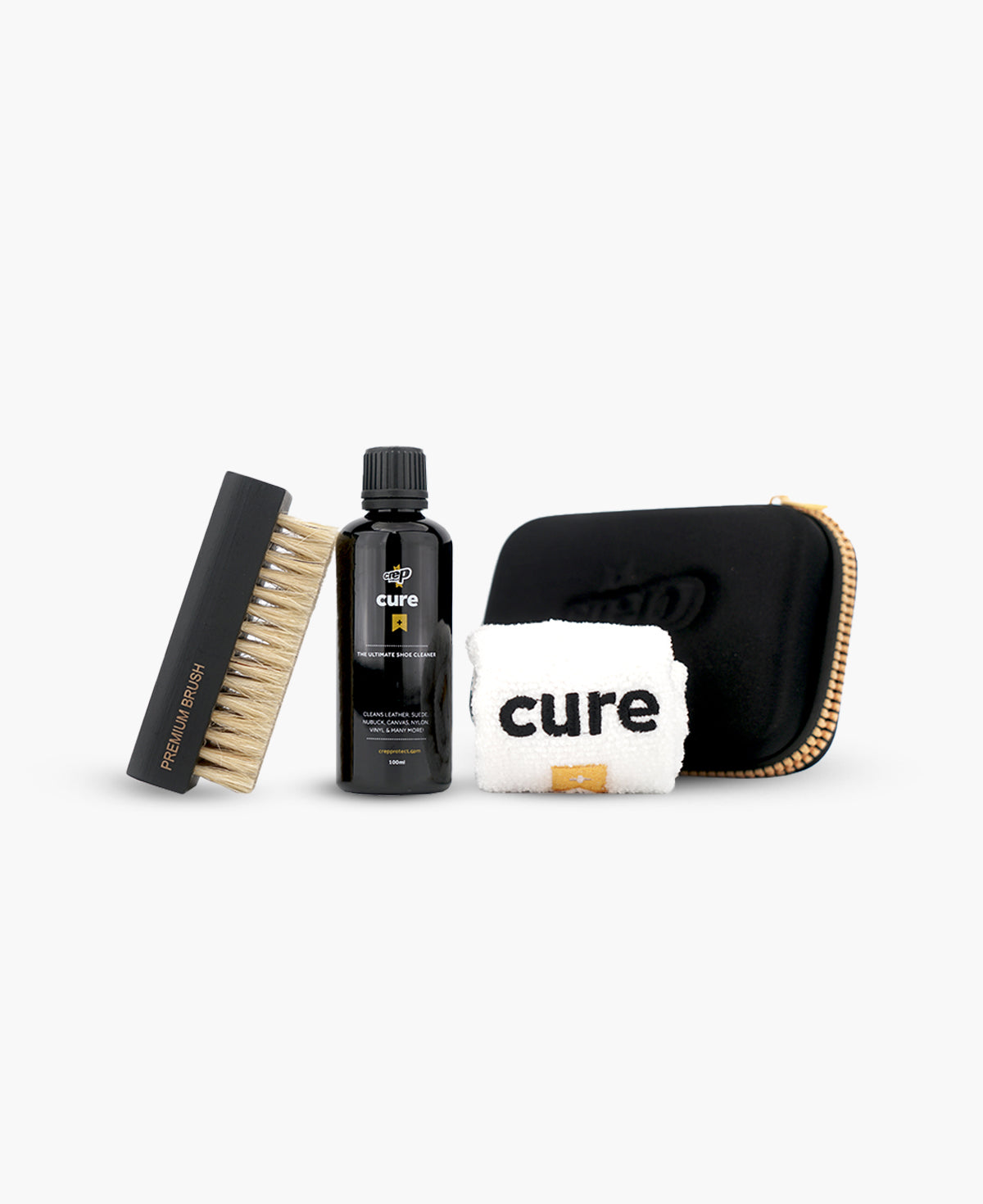 Image of Crep Protect Cure kit including 100ml solution, premium cleaning brush, microfibre cloth and carry case