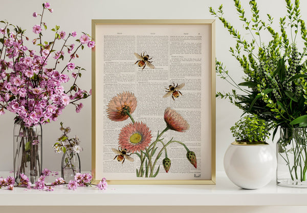 Gift for women, Wall art prints  Wall art home decor Bees with flowers 2 Dictionary art poster print- Wall decor bees insect art  BFL004
