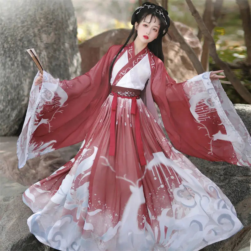 【美国仓】经典汉服 3 件套中国古代服装女装 传统汉服舞蹈服装民间仙女毕业礼服