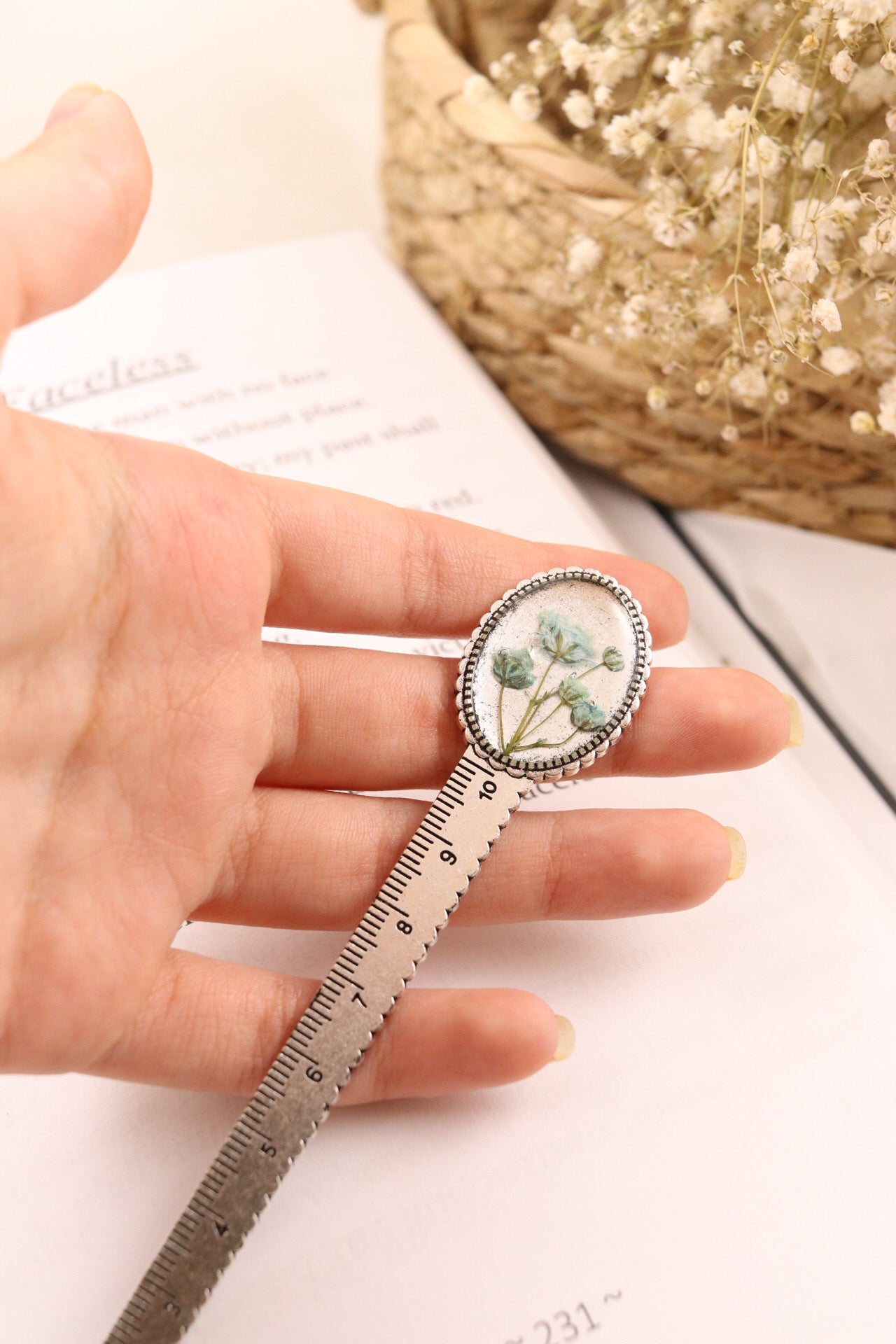 Antique Silver Resin Ruler Bookmark with Blue Baby's Breath Flowers