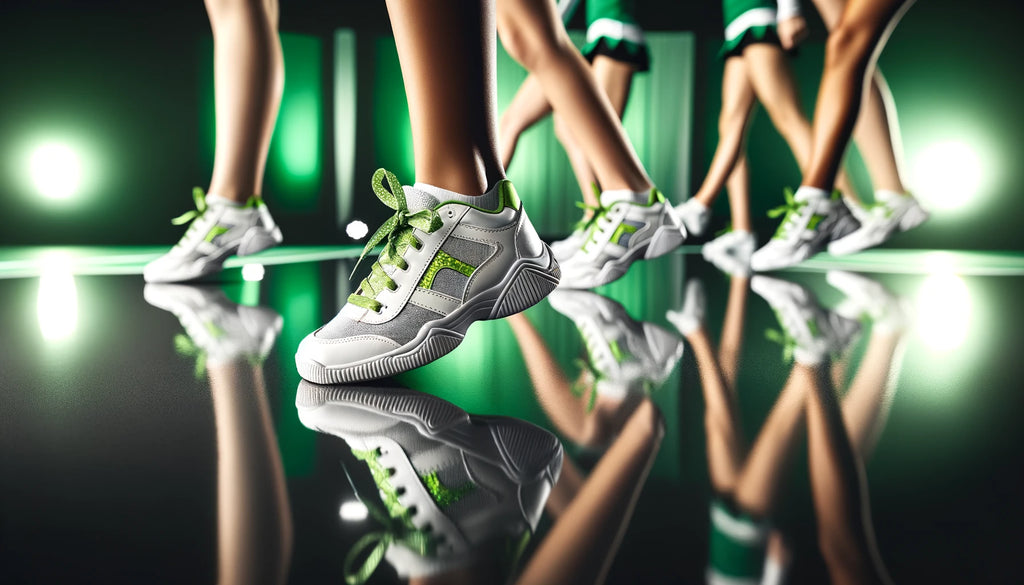 engaging close-up of cheerleading sneakers stepping