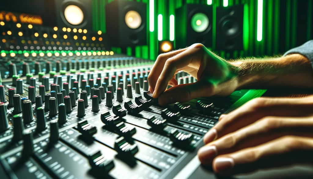 hands adjusting sliders on a mixing console