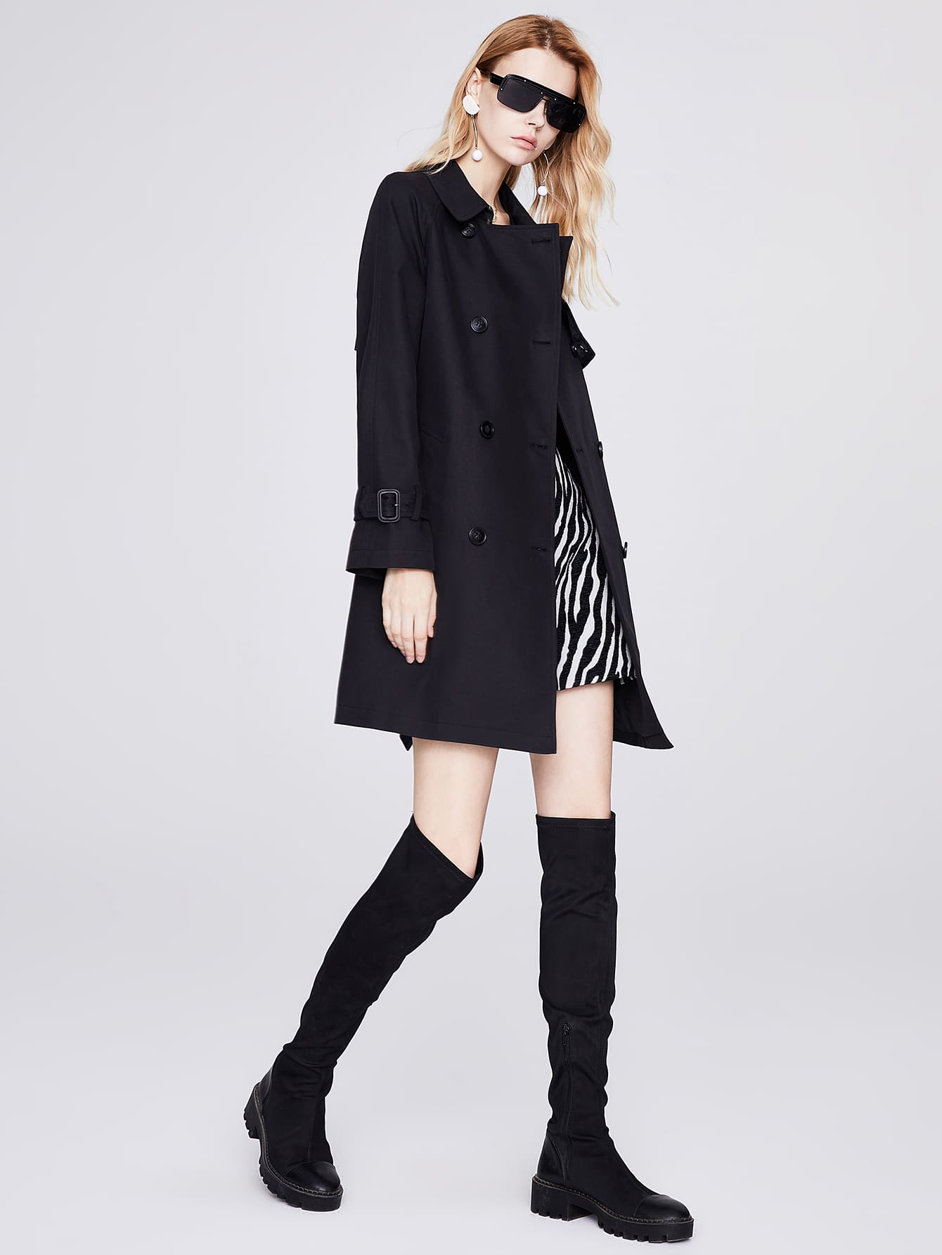 JAZZEVAR Double Button Buckle Belted Trench Coat