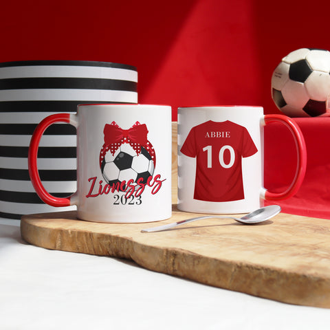 white ug with red inner and handle with a football  Lionesses design printed one side and a football tshirt that can be personalised on the reverse