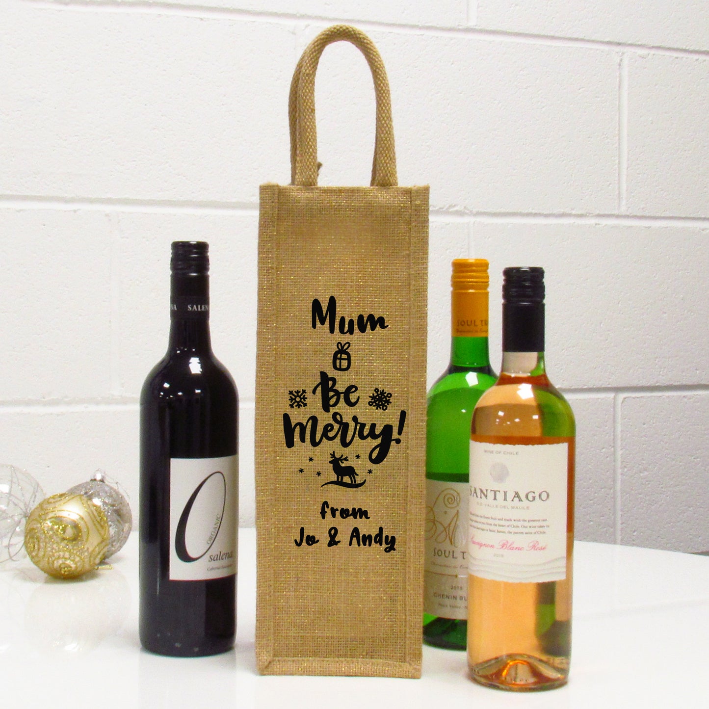 Be Merry Single Jute Christmas Wine Gift Bag