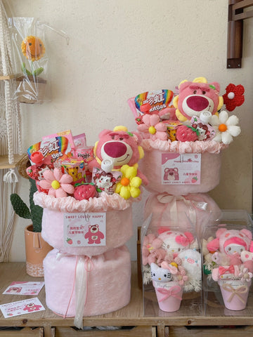 cute pink snack bouquet with plush toy