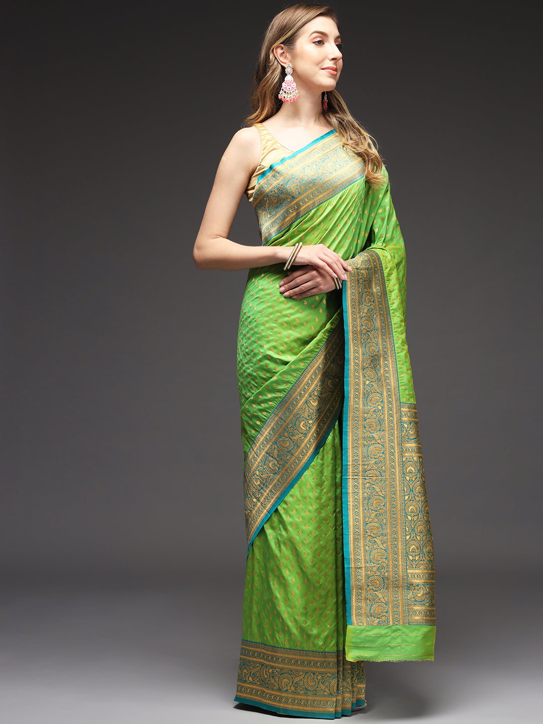 Buy Green color soft lichi silk saree at fealdeal.com