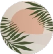 Abstract design of green palm leaves with a pink sun in the background.