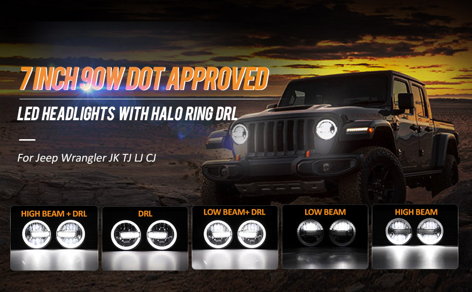 7 Inch 90W DOT Approved LED Headlights with Halo Ring DRL & High