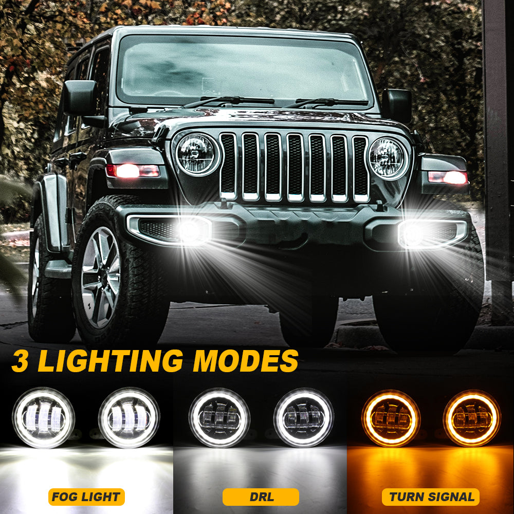 2pcs/set) 4 Inch LED Fog Lights with DRL & Amber Turn Signal For Jeep