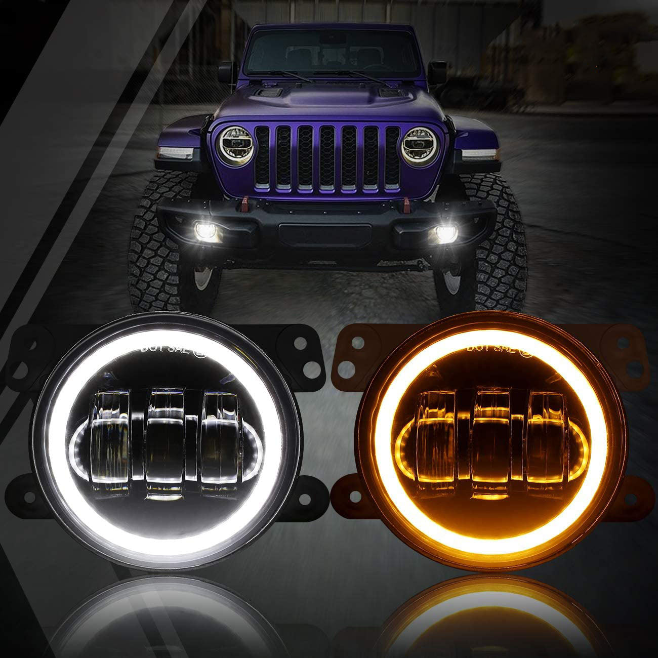 4 Inch 60w LED Fog Lights With White DRL+Amber Turn Signal For Jeep Wrangler  07-18 JK TJ LJ Front Bumper Lamp