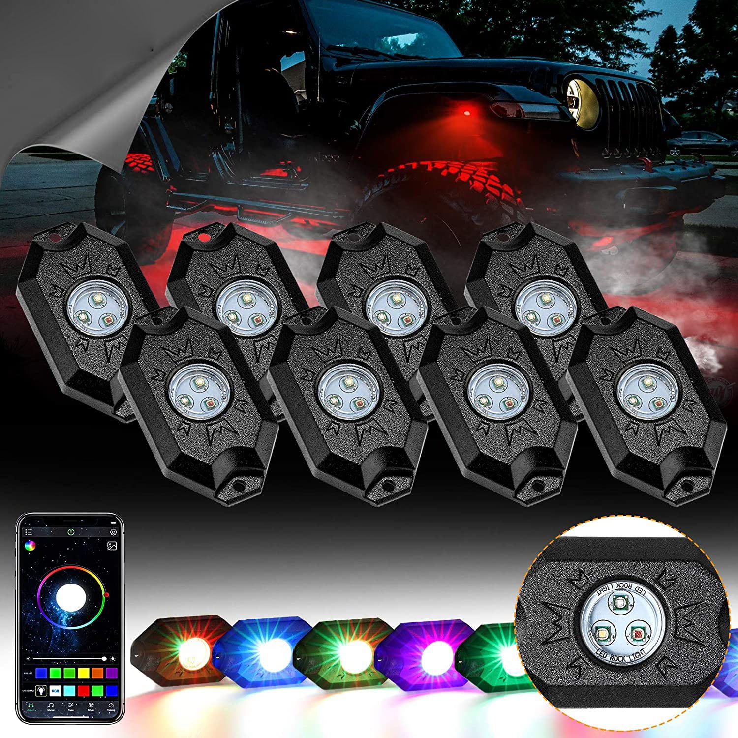 Image of RGB LED Rock Light Set with Bluetooth Controller