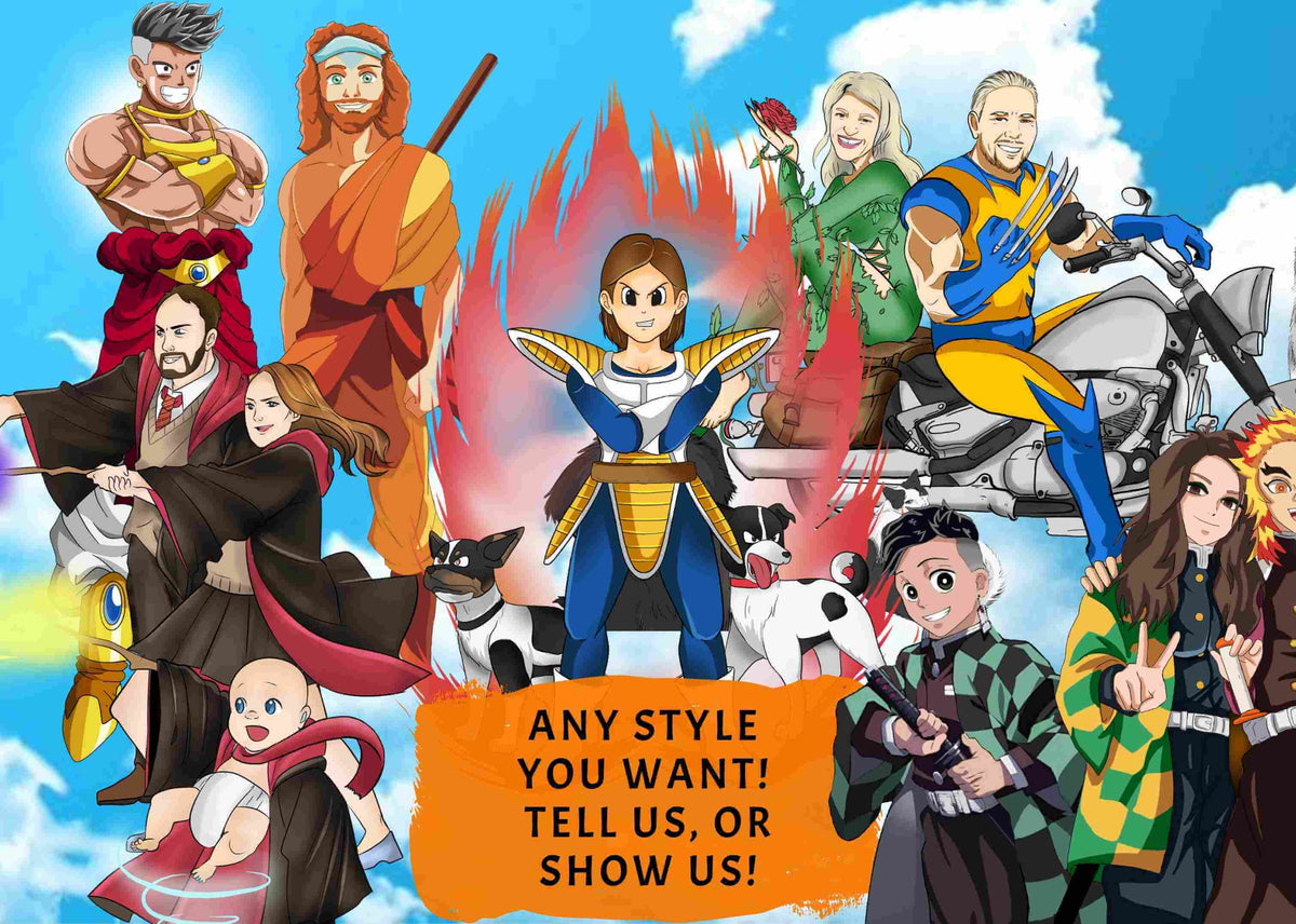 turn me anime! image shows the range of anime styles that can be selected from including dragon ball z, harry potter, demon slayer, hunter x hunter, naruto, one piece, ninjutsu kaisen and more