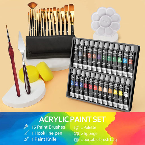 Acrylic Paint, Set of 24 Vivid Colors (22ml/0.74oz), Art Craft Paints for  Beginners & Professional Artist, with 11 Brushes, Palette, 2 Painting Canvas,  Sponge, Palette Knife, Rich Pigments Non Fading — emooqi