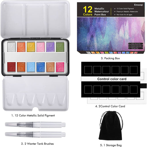 Qisiwole Premium Japanese Watercolor Paint Set 48 Rich Water Color Include Solid, Metallic & Neon Water Colors Artist Quality Watercolor Paint Perfect