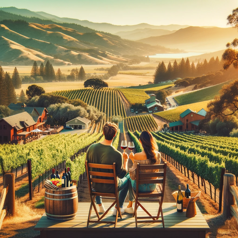 Vista encantadora de Napa Valley, California, con viñedos y colinas verdes, y parejas participando en una experiencia de cata de vinos.