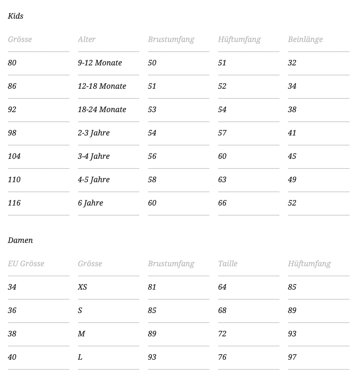 we samay size chart for children and women