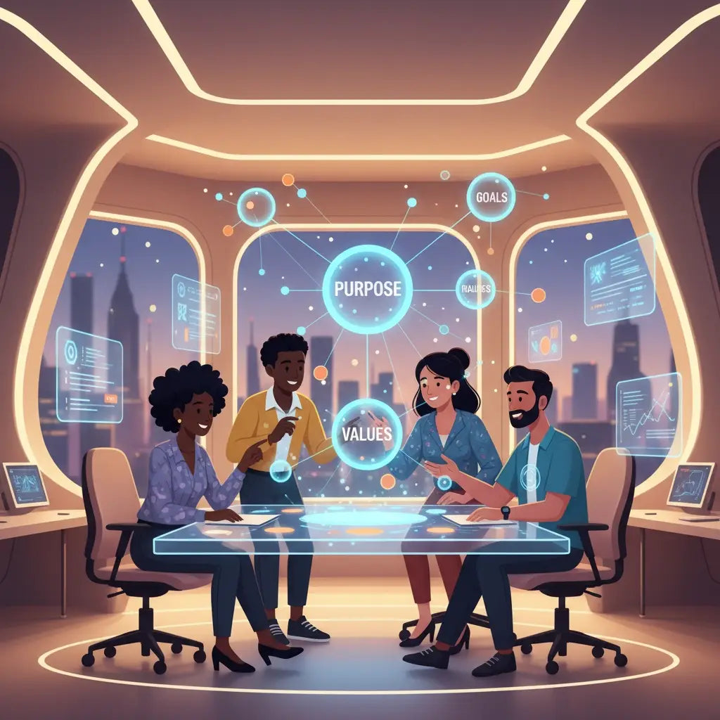 Holographic table with floating elements in purpose-driven hustle