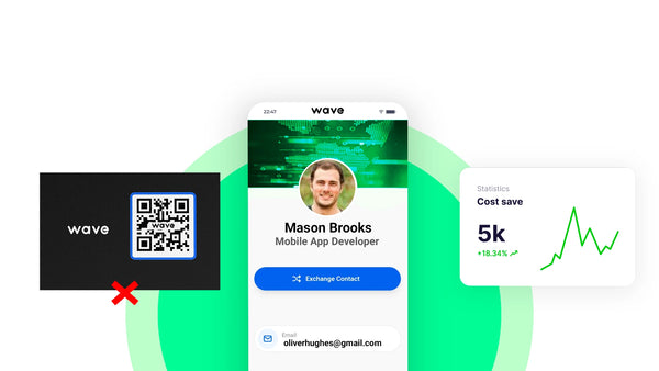A business card on the left and a statistic showing how much money the digital business card saved