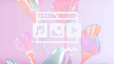 Pink gradient background with three icons of music, pictures, and a video infront.