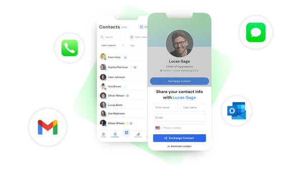 digital business card with contact manager and email icons