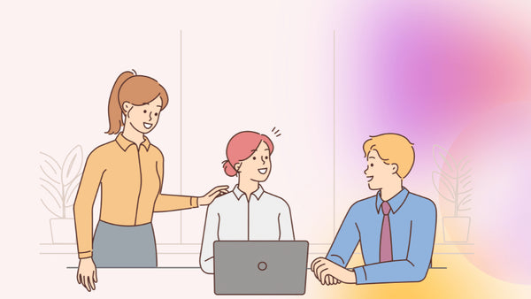 two girls and one guy in cartoon drawing talking on a business desk