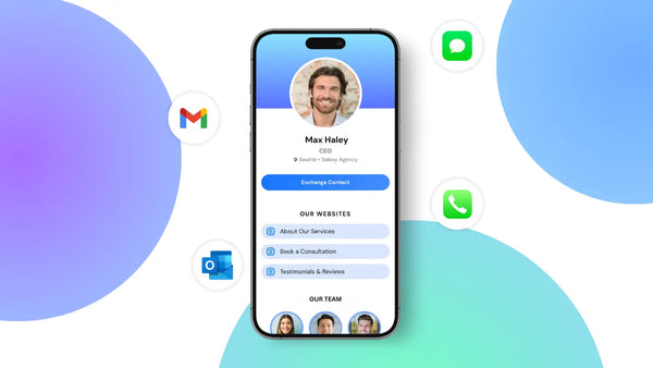 A wave digital business card and app icons around it