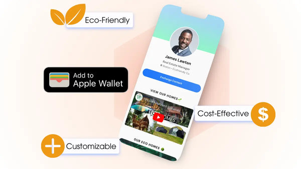 A digital business card, a apple wallet icon, and feature overlays.