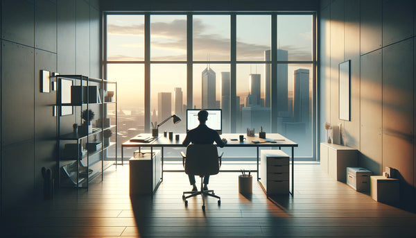 large window in the background showing a cityscape at dawn