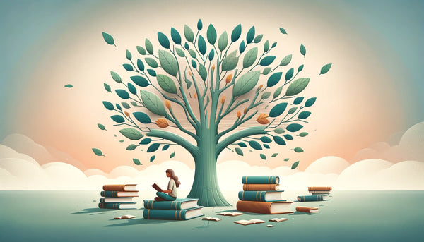 person sitting under a tree made of books