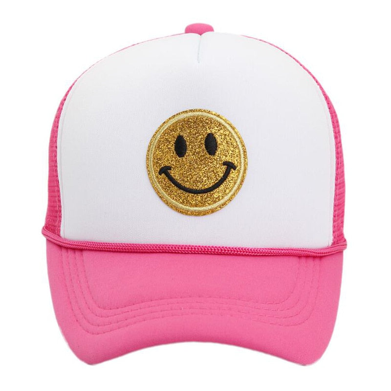 hot pink smiley face hat