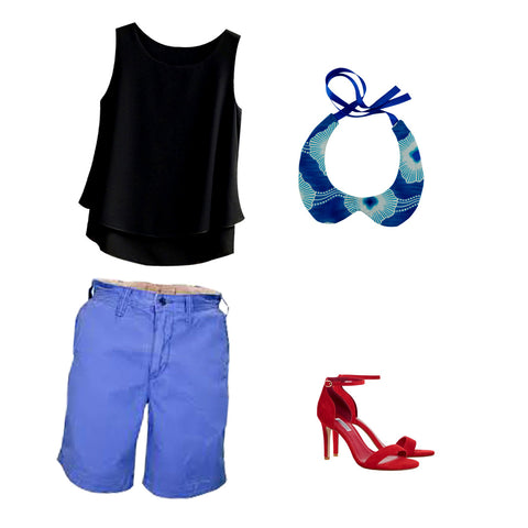 A casual outfit that includes a sky blue shorts with a pair of heeled sandals, a black blouse top, and a Coo-Mon’s Peter Pan Collar