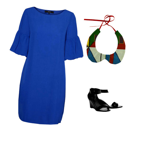 An outfit suggestion consisting of a pretty blue bell sleeve dress, a pair of wedge sandals and a Coo-Mon’s Peter Pan collar