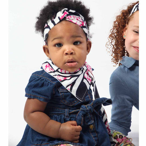 Black baby girl wearing coo-mon African print ankara headband bandana bib set