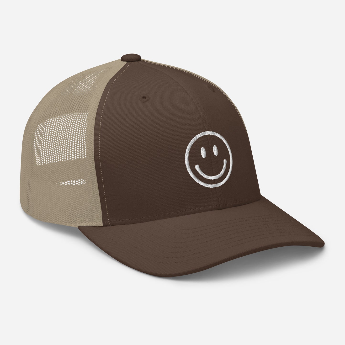 smiley face trucker hat brown