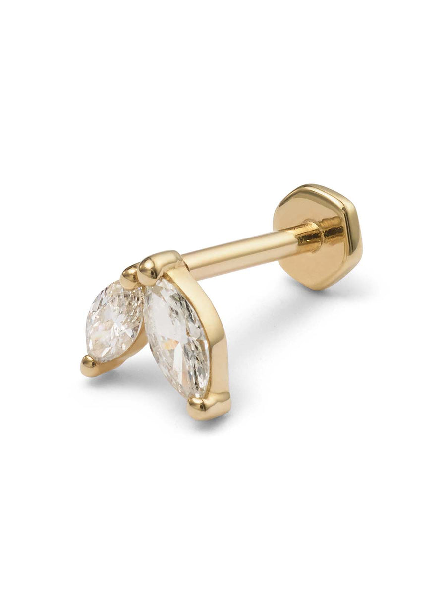 Two Diamond Marquise Yellow Gold Threaded Single Stud Earring