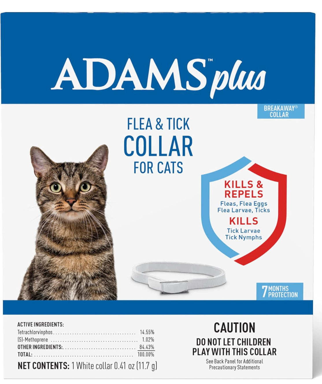 Adams Plus Flea & Tick Collar for Cats | Breakaway Collar | 1 White Collar | 7- Month Protection | Kills & Repels Fleas, Flea Eggs, Flea Larvae and Kills Ticks, Tick Nymphs, and Tick Larvae
