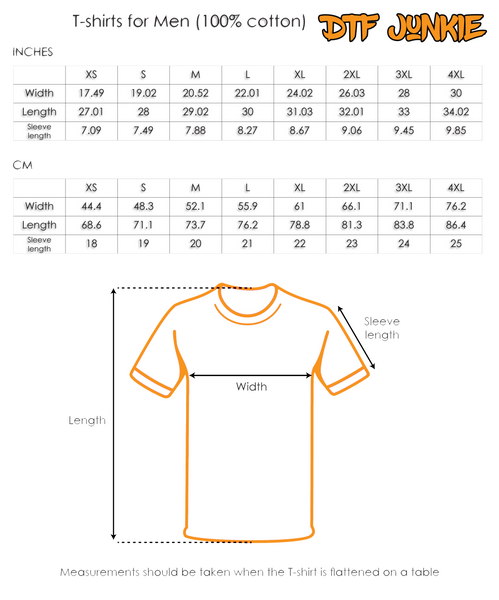 shirt size guide, heat transfer size guide, DTF size Guide