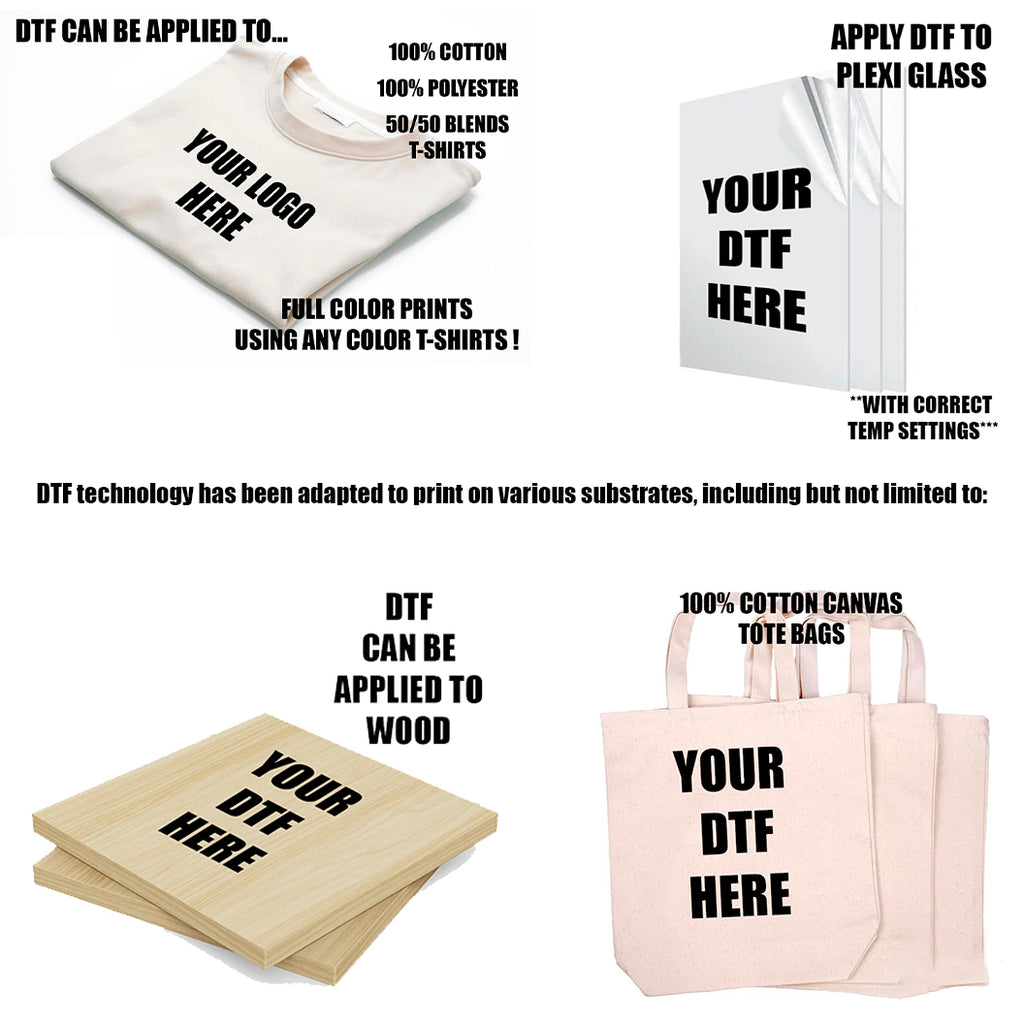 what materials can DTF be applied to, what substrates can DTF be applied to, DTF on wood, DTF on plexi glass, DTF on canvas tote bags, DTF on koozies