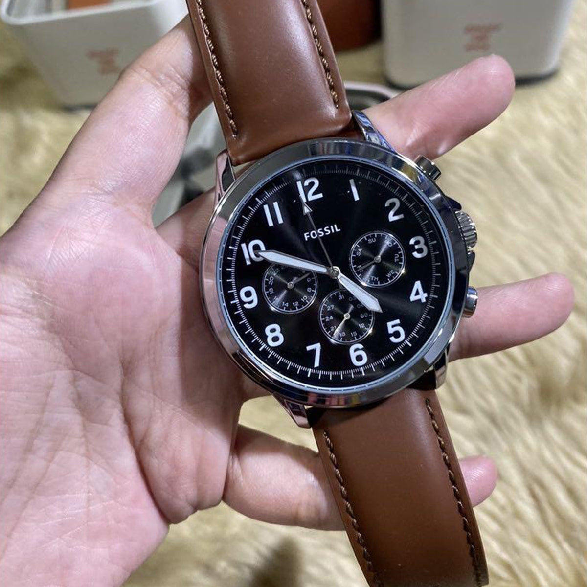 yorke multifunction brown leather watch