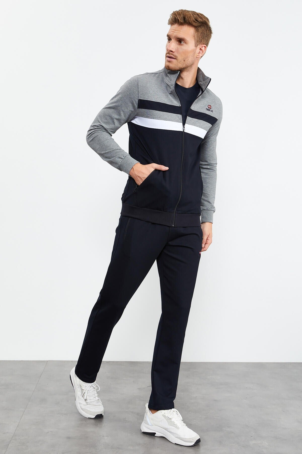 Navy Blue - Gray Stand Up Collar Zippered Casual Form Classic Leg Men's Tracksuit Set - 85118