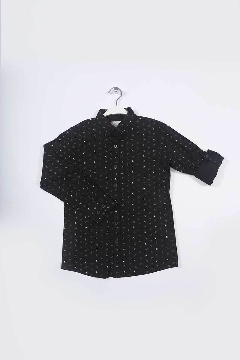Black Boy Leaf Patterned Long Sleeve Slim Fit Shirt - 10583 - Nasj Fashion