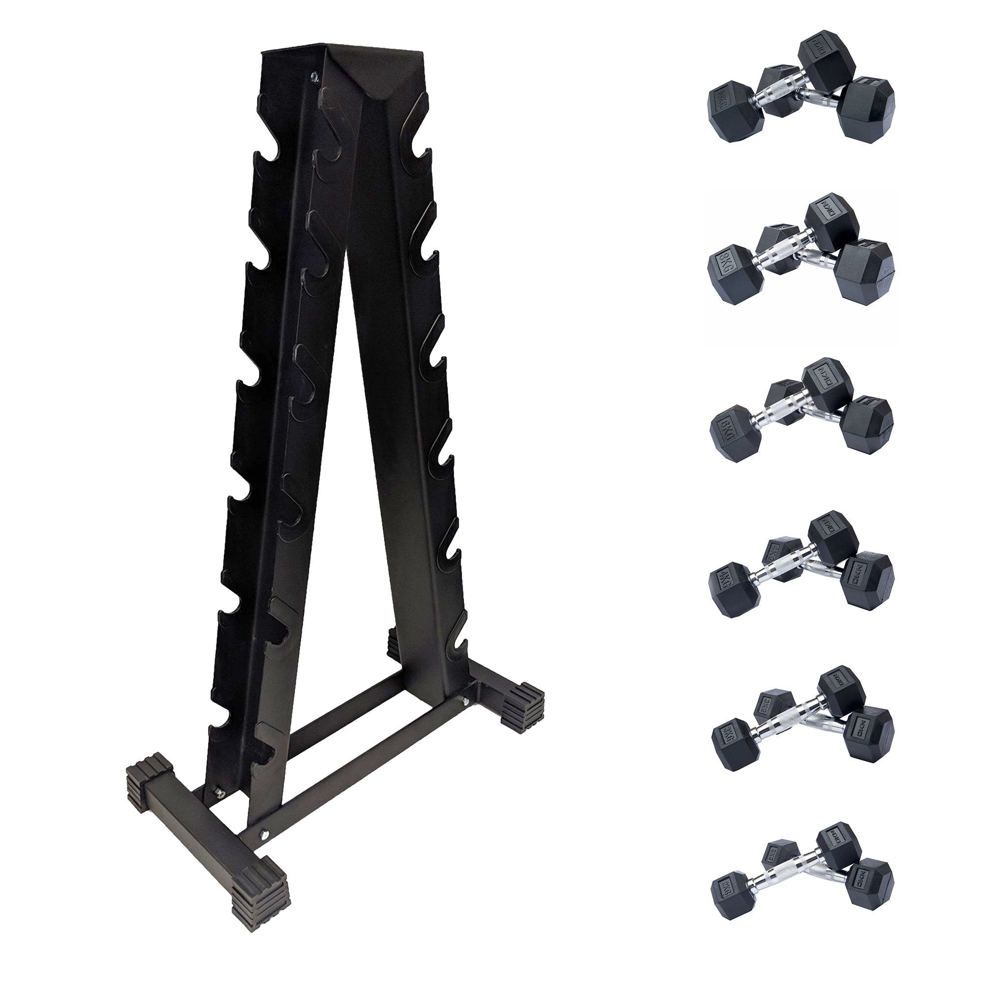 Image of DKN 2kg to 10kg Rubber Hex Dumbbell Set with Storage Rack - 6 Pairs